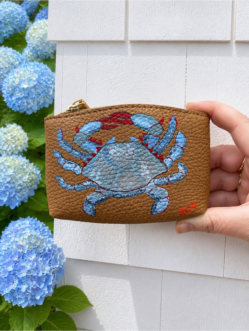 Leather Zip Pouch with Blue Crab Motif - Brown